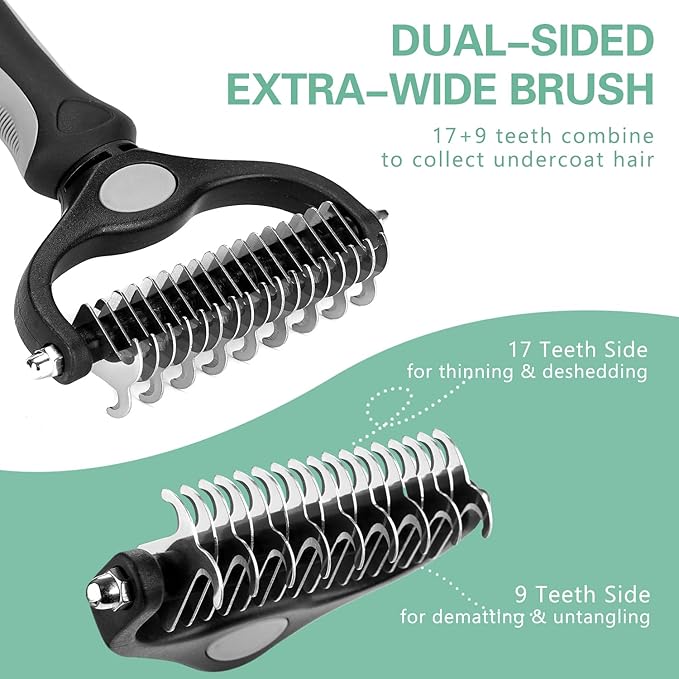 Deshedding Brush - Double-Sided Undercoat Rake for Dogs & Cats - Shedding Comb and Dematting Tool for Grooming, Extra Wide