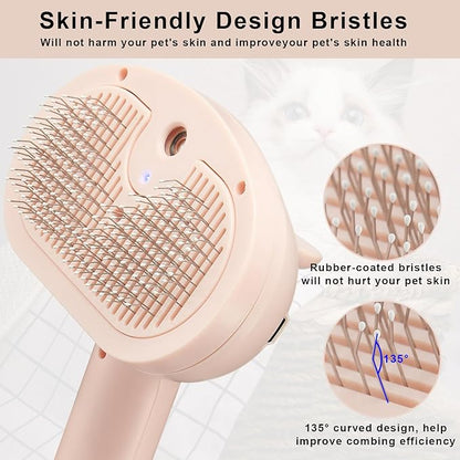 Pet Steam Hair Comb Brush for Shedding, 4 In 1 Spray Brush for Long & Short Haired Cat&Dog, Self-Cleaning Hair Remover with Water Tank And LED Blue Light, Release Button(Pink)