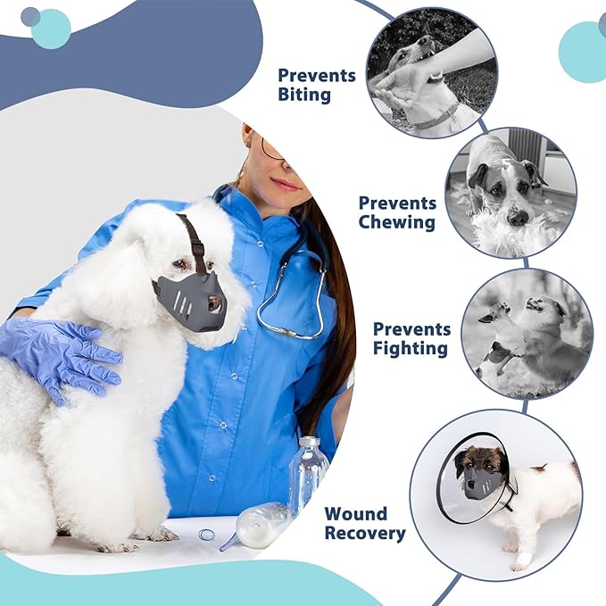 LUCKYPAW Dog Muzzle Soft Muzzle for Small Medium Dogs Poodle Dachshund Breathable Silicone Cage Muzzle to Prevent Biting Chewing Funny Rhino Muzzle with Adjustable Strap (Grey, M-(Snout Cir:7-8in)