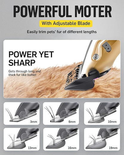 Dog Grooming Kit Low Noise，Cordless 4 in 1 Dog Clippers for Grooming Rechargeable Pet Cat Trimmer with 2 Speed,6 Guards,Scissors,Comb for Small Medium Large Pets Dogs Cats Thick Hair Cutting(Gold)