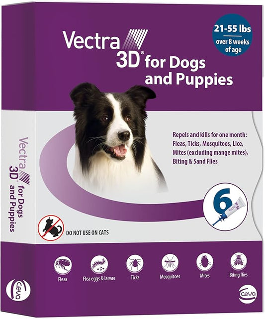 Vectra 3D for Dogs Flea, Tick & Mosquito Treatment & Prevention for Medium Dogs (21 – 55 lbs), 6 Month Supply (Pack of 12)