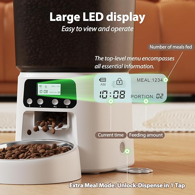 Automatic Cat Feeder, 4L Timed Dry Food Dispenser with Stainless Steel Bowl, Pet Food Feeder for Cats & Small Dogs, Programmable for 6 Meals & 30 Portions Per Day, 10S Voice Record, Dual Power, White