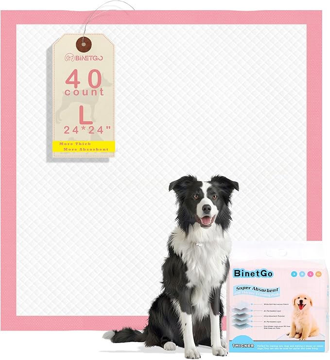 BinetGo Pink Disposable Pee Pads for Dogs, 40 Count 24” x 24” Large Wee Wee Pads for Urine, Extra Absorbent Unscented Puppy Pads, Pet Training Pads for Dogs, Pink Doggy Pee Pads for Indoors