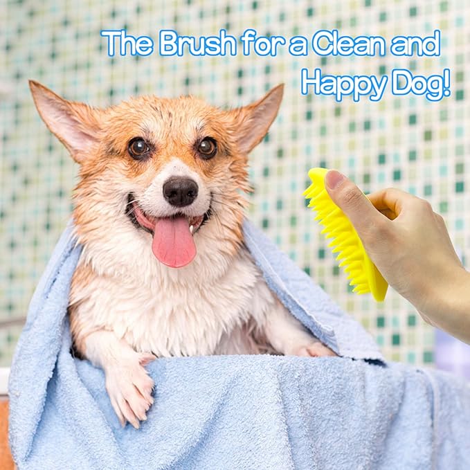 Pet Dog Wash Brush, Bog Bath Brush Soft Silicone Soothing Massage Rubber Grooming Brush Self Clean for Long Short Haired Dogs Cats Grooming Bath Supplies (Yellow)