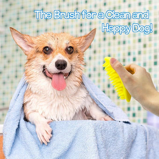 Pet Dog Wash Brush, Bog Bath Brush Soft Silicone Soothing Massage Rubber Grooming Brush Self Clean for Long Short Haired Dogs Cats Grooming Bath Supplies (Yellow)