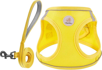 Dog Harness and Leash Set, No Pull Soft Mesh Puppy Harness for Small Medium Dogs, Cats - Step in Reflective Breathable Lightweight Vest Harness for Walking, Training - Yellow, L