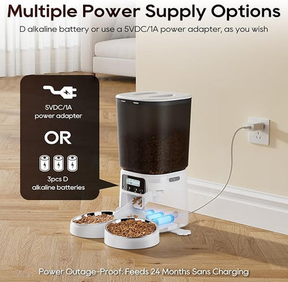 Automatic Cat Feeder for 2 Cats, 6L Timed Cat Dry Food Dispenser Dog Feeder up to 6 Meals & 30 Portions per Day,10S Voice Record,Flexible Schedule Timer Pet Feeder for Small Dogs, White