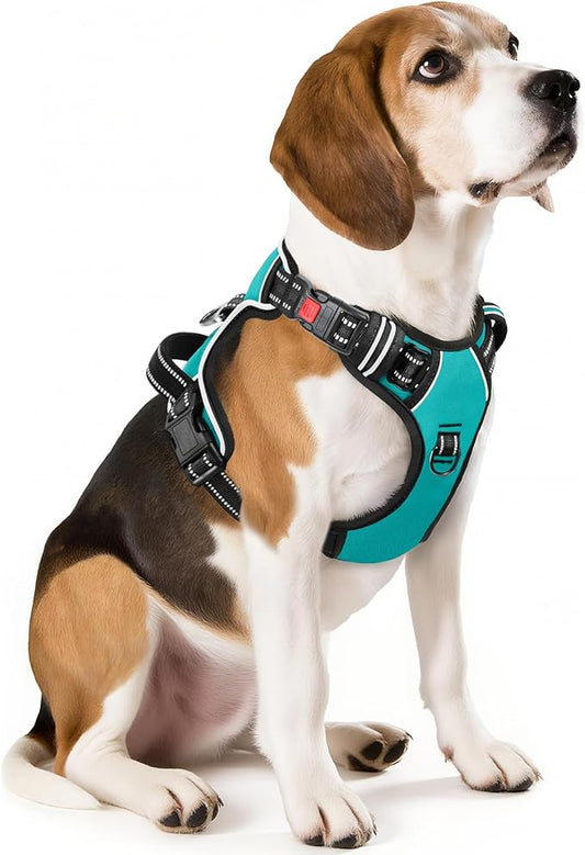 Timos No Pull Dog Harness, Release at Neck Reflective 3 Snap Buckles Adjustable No Choke Pet Vest with Front & Back 2 Leash Clips, Soft Padded Control Training Handle for Small Medium Large Dogs