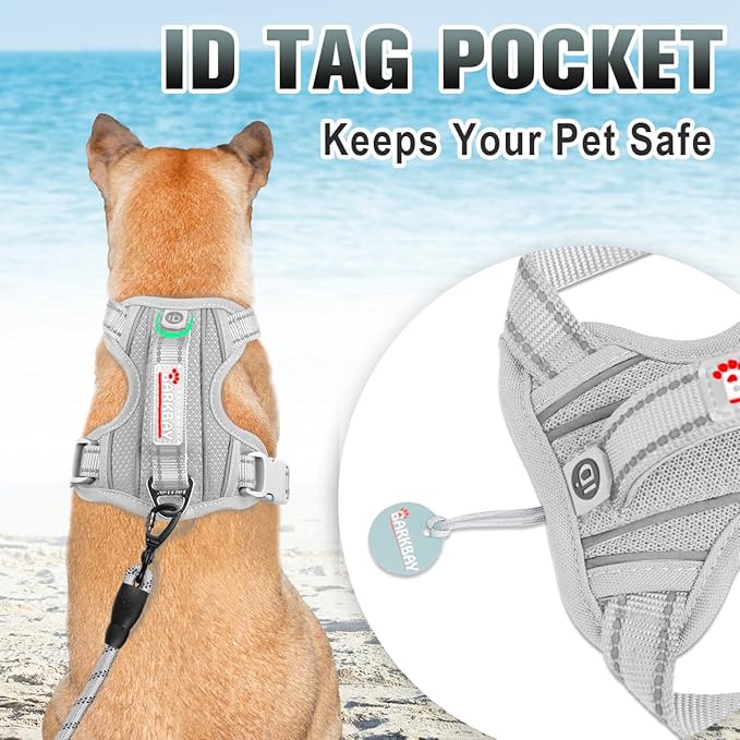 BARKBAY No Pull Dog Harness Large Reflective Dog Harness with Front Clip and Easy Control Handle for Walking Training Running with ID tag Pocket(Grey,XS)