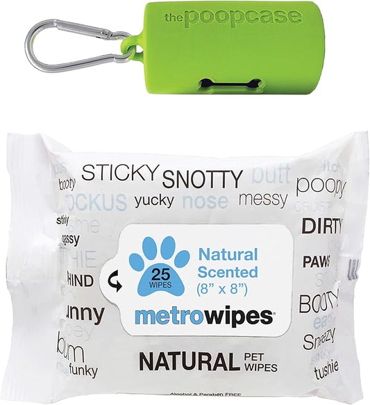 MetroPaws Unscented Dog Wipes, 25 Extra Large, Thick Cleaning Wipes & The Dog Waste Bag Dispenser & Holder, Bag Holder With 20 Bags for Leash - Lime