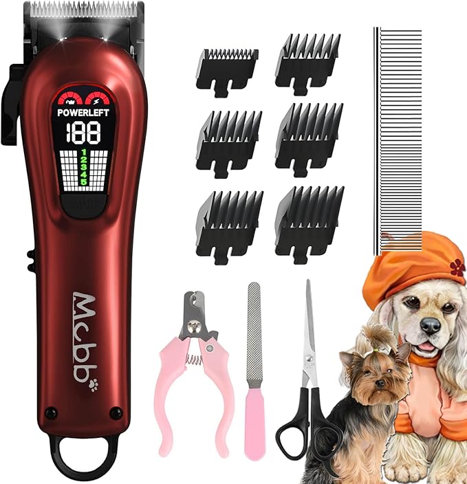 Dog Clippers- Low Noise Dog Grooming Kits 5-Mode Heavy-Duty Dog Clippers for Grooming with LED Display,Rechargeable Dog Grooming Kits, Auxiliary Light,Cordless Pet Grooming Tool