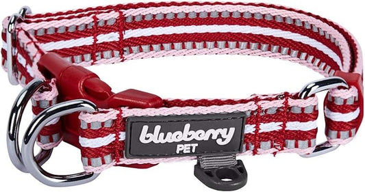 Blueberry Pet Dog Collar - Reflective Nylon Dog Collars for Small Dogs | Adjustable Multicolored Stripe Design in Marsala Red & Pink | Safe Puppy Collar for Female & Male Dogs