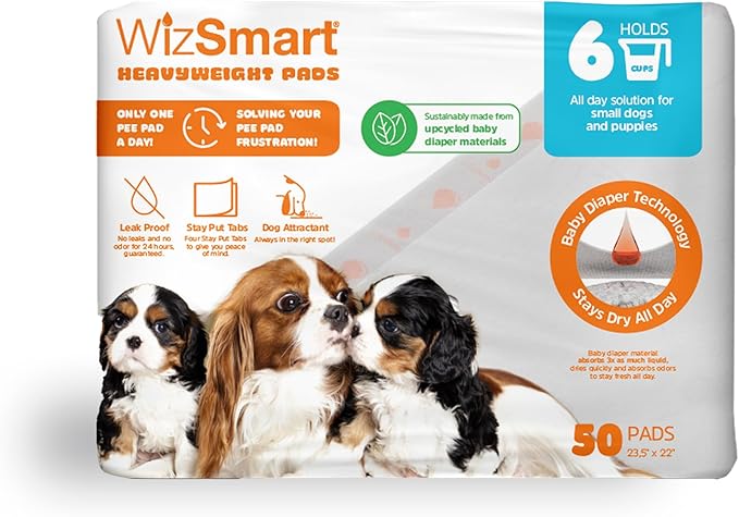 WizSmart Heavyweight Dog Pads – Absorbent, Leak-Proof Pet Training Pads with Stay Put Tabs – Indoor & Outdoor Use for Small Dogs, Crates, Travel – Eco Friendly Upcycled Materials, 50 Count