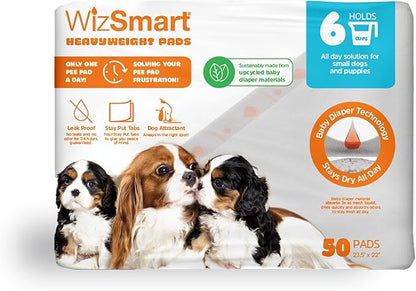 WizSmart Heavyweight Dog Pads – Absorbent, Leak-Proof Pet Training Pads with Stay Put Tabs – Indoor & Outdoor Use for Small Dogs, Crates, Travel – Eco Friendly Upcycled Materials, 50 Count