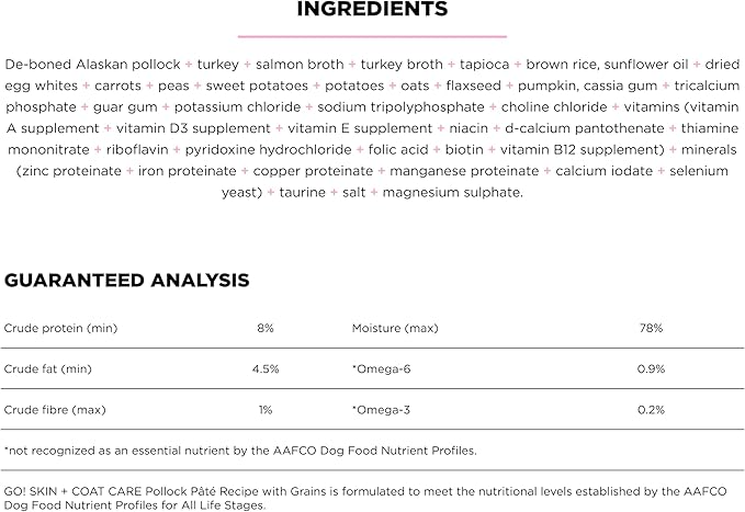 Go! Solutions Skin + Coat Care, Wet Dog Food, Pollock Pâté with Grains Sensitive Skin, 12.5 oz