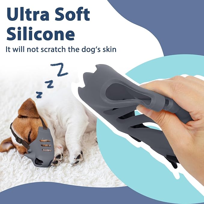 LUCKYPAW Dog Muzzle Soft Muzzle for Small Medium Dogs Poodle Dachshund Breathable Silicone Cage Muzzle to Prevent Biting Chewing Funny Rhino Muzzle with Adjustable Strap (Grey, M-(Snout Cir:7-8in)