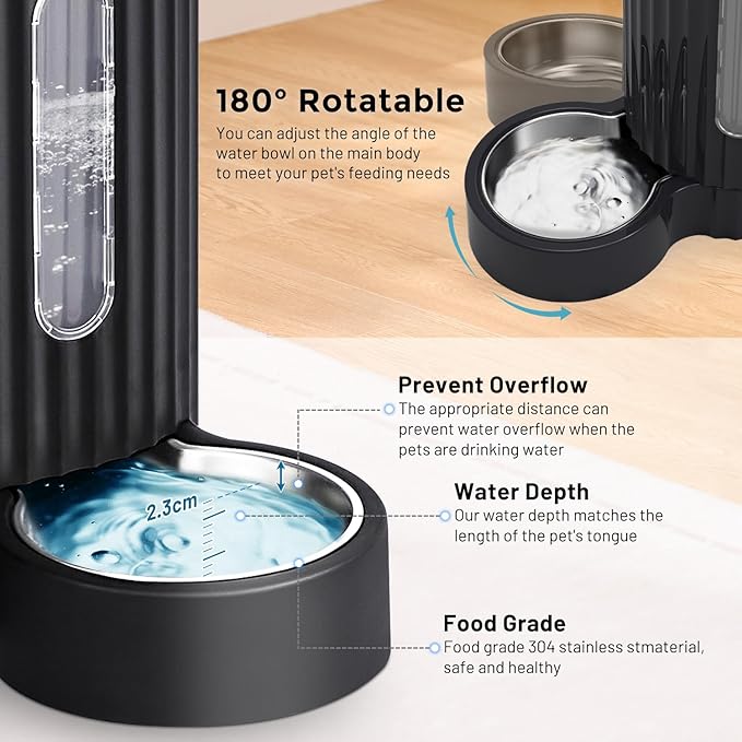 Gravity Cat Food and Water Dispenser Set with 304 Stainless Steel Bowls, 2 in 1 Automatic Cat Feeder with 180 Degree Rotatable Water Bowl, Large Capacity for Puppy Kitten Rabbits, Grey