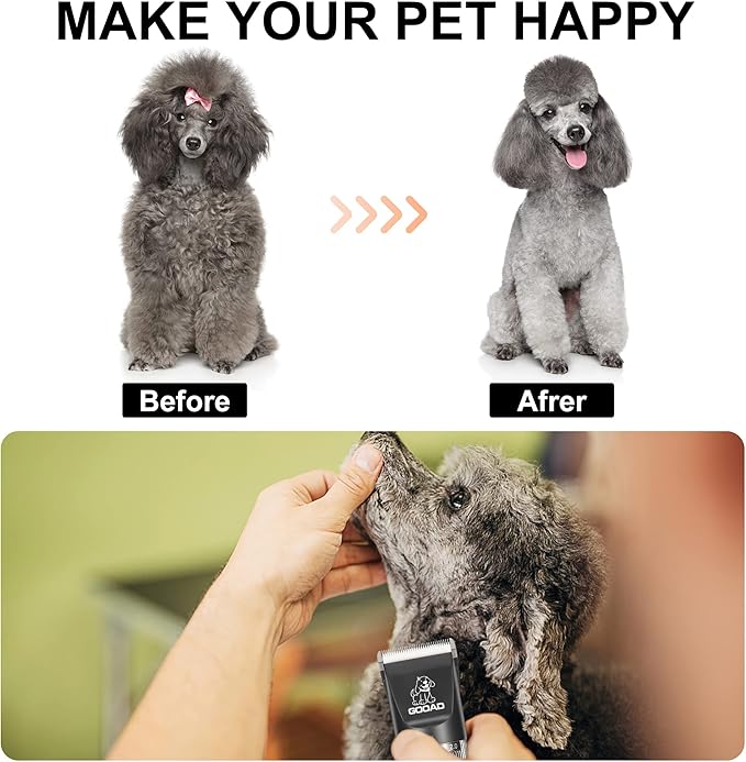 Dog Clippers for Grooming, Cordless,Low Noise, Electric Quiet,Rechargeable, Dog Trimmer Grooming Kit, Pet Hair Clippers for Thick Coats, Shaver Clippers for Small and Large Dogs Cats,Black