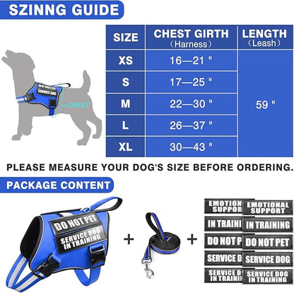 Service Dog Vest Harness and Leash Set+10 Patches,No Pull&Easy Walk Reflective Dog Harness with Soft Padded Handle for Training/Everyday,Fit Small/Medium/Large/Extra-Large Dogs (Blue S)