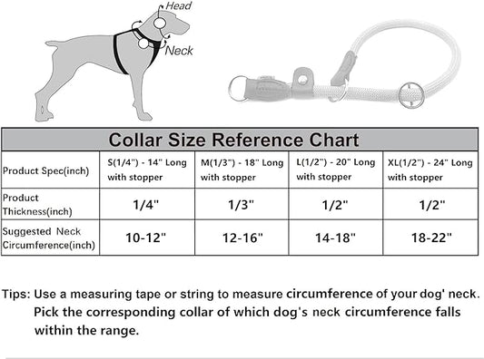 Braided Rope Collar, Training Dog Collar, Round Martingale Collar, Slip Collar with Adjustable Stopper and Slidable Stop Ring - Ideal for Small Dogs (S(1/4") - 14" Long, Black)