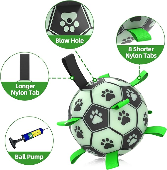 Amasiver Glow in The Dark Dog Toys - 8 Inch Upgraded Interactive Light Up Soccer Balls, World Cup Dogs Football, Outdoor Tug Toys for Medium & Large Dogs Birthday Gifts