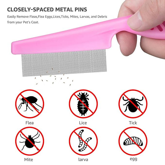 Flea Comb for Cats Dog Comb Lice Comb Metal Teeth Durable Tear Stain Dog Combs Remove Float Hair Combing Tangled Hair Dandruff Pet Comb Grooming Set 3 Pieces Add Storage Pouch (Pink)