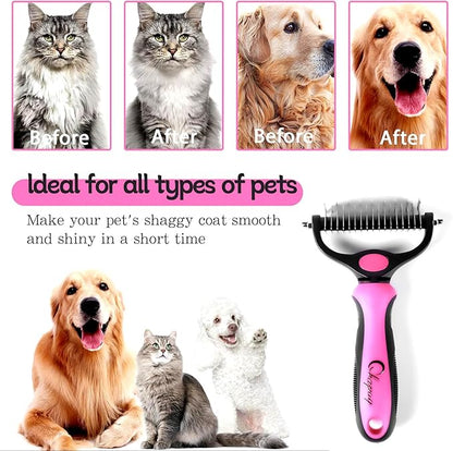 Pet Grooming Brush and Metal Comb Double Sided Long Hair Pet Undercoat Cleaner Brush for Dogs and Cats Removes mats and lint Effectively removes carpet shedding or flyaway hair.(Pink)…