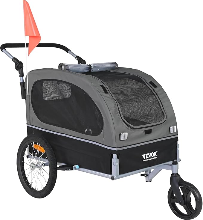 VEVOR Dog Bike Trailer, Supports up to 88 lbs, 2-in-1 Pet Stroller Cart Bicycle Carrier, Easy Folding Cart Frame with Quick Release Wheels, Universal Bicycle Coupler, Reflectors, Flag, Black/Gray