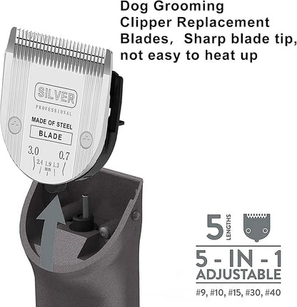 2PC Professional Animal 5 in 1 Adjustable Blade Compatible with WAHL Arco, Bravura, Chromado, Creativa, Figura Dog Clippers for Dogs Grooming -Silver