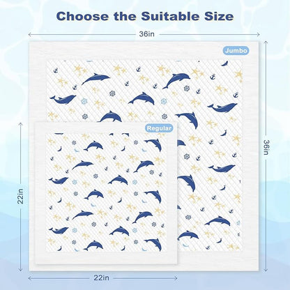 MIZOK Puppy Pads, 22"x22" Dolphin Print Dog Pee Pads with Adhesive Tabs, 6-Layer Leak-Proof Super Absorbent, Quick-Dry Disposable (50 Count)