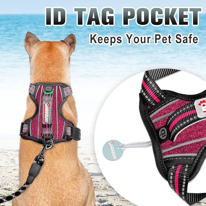 BARKBAY No Pull Dog Harness Large Reflective Dog Harness with Front Clip and Easy Control Handle for Walking Training Running with ID tag Pocket(Pink/Black,S)