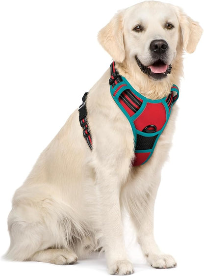 rabbitgoo Dog Harness No Pull with 2 Leash Clips, Adjustable Soft Padded, Reflective Oxford No Choke Pet Vest with Easy Control Handle for Large Dogs, Red & Teal, XL