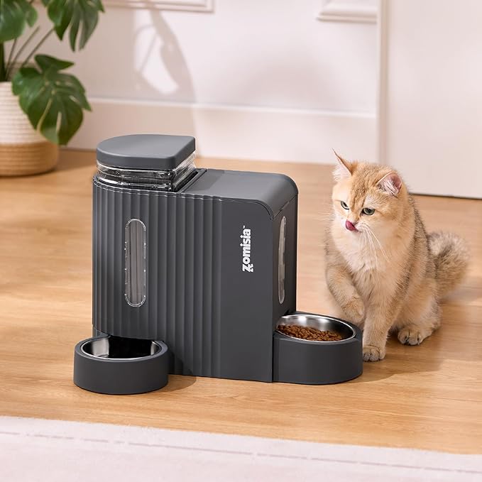Gravity Cat Food and Water Dispenser Set with 304 Stainless Steel Bowls, 2 in 1 Automatic Cat Feeder with 180 Degree Rotatable Water Bowl, Large Capacity for Puppy Kitten Rabbits, Grey