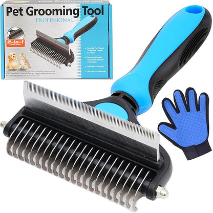 Dog Deshedding Brush 2-in-1 with Grooming Glove - Undercoat Rake & Shedding Tool for Long/Short Hair Dogs, Flea Comb & Hair Removal Brush for Gentle Massage