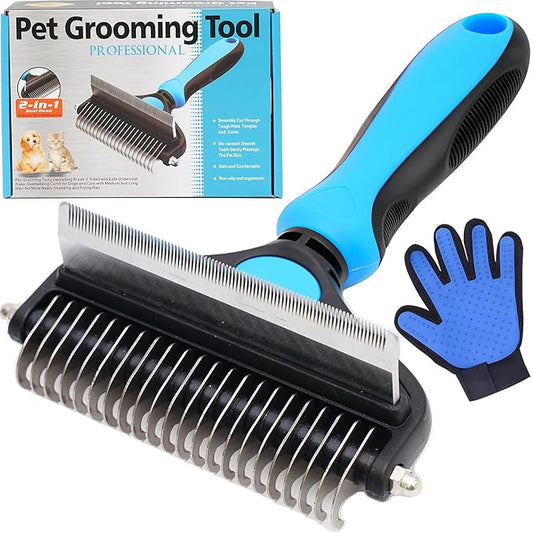 Dog Deshedding Brush 2-in-1 with Grooming Glove - Undercoat Rake & Shedding Tool for Long/Short Hair Dogs, Flea Comb & Hair Removal Brush for Gentle Massage