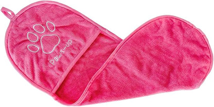 Paws-up Paw Cleaning Towel for Dogs removes mud Dirt Grass Sand allergens Machine Washable Microfiber Also Great for a Quick Dry Puppy Bath Towel with Two Hand Pockets for Control. 25.5” X 9” Pink
