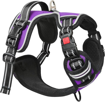 Timos Dog Harness Large Sized, No Pull with Neck Lockable Snap,No Choke Front Clip Dog Reflective Harness,Adjustable Metal Rings 3 Buckles,Easy Control Handle for Large Dogs Purple XL