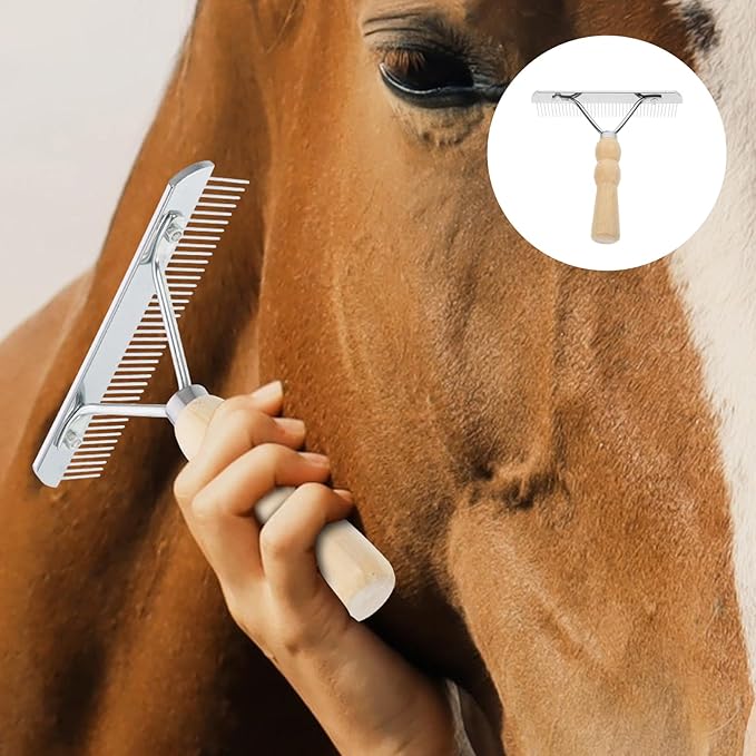 iplusmile Dematting Brush Rake Comb - Gentle Undercoat Scrubber for Horses, Dogs with Shedding Fur, and Pet Grooming, Wood Handle