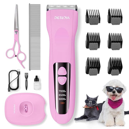 Dog Grooming Clippers - Low Noise Electric Dog Hair Trimmer Cordless Rechargeable Pet Clippers, 3 Speeds Dog Grooming Kit for Small Dogs Cats - Pink