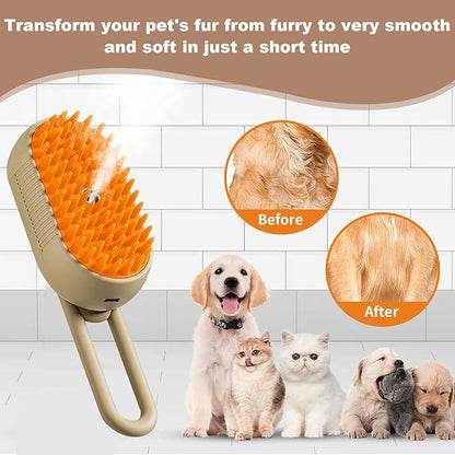 Steam Brush for Cats & Pets - 3 In 1 Steamer for Grooming, Deshedding, and Taming Animal Fur (Brown)