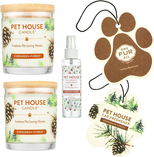 One Fur All Value Pack, Pet Friendly Candles, Concentrated Room Spray and Car Air Freshener, Long Lasting Plant-Based Pet Odor Candles for Home, Evergreen Forest
