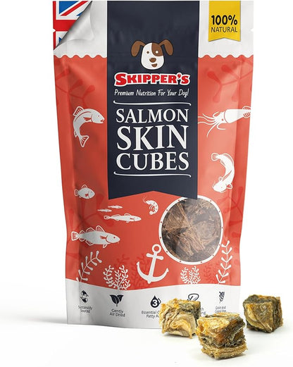 SKIPPER'S Salmon Skin Cubes - 100% Salmon Skin Grain Free & Hypoallergenic Cubes for Dogs, All Natural & Healthy Dog Treats, Omega 3 & 6 Oil, Great for Skin, Coat & Joints | (2.5 Oz)