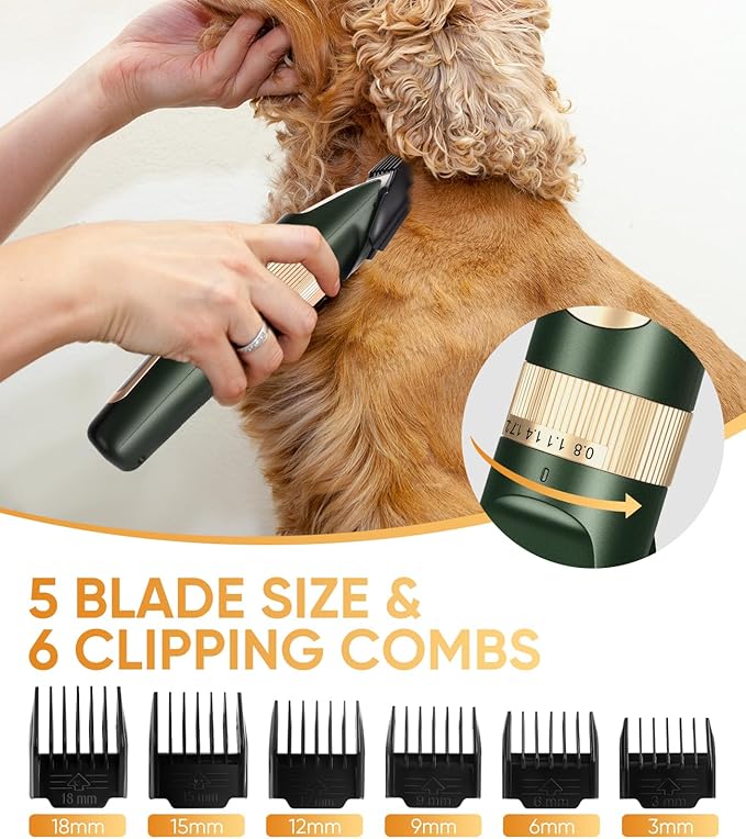 Dog Clippers for Grooming, Professional Pet Grooming Kit at Home, Low Noise Rechargeable Cordless Pet Hair Clippers for Dogs Cats, Dog Hair Trimmer with 6PCS Guide Combs Green