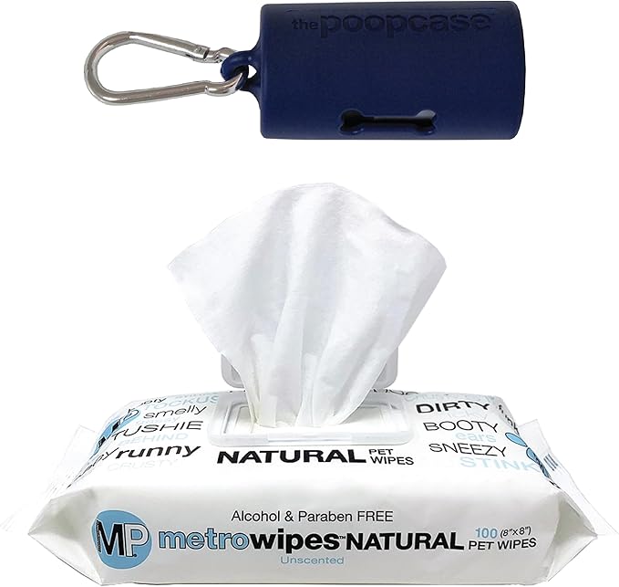 MetroPaws Unscented Dog Wipes, 100 Extra Large, Thick Cleaning Wipes & The Dog Waste Bag Dispenser & Holder, Bag Holder With 20 Bags for Leash - Navy