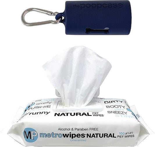 MetroPaws Unscented Dog Wipes, 100 Extra Large, Thick Cleaning Wipes & The Dog Waste Bag Dispenser & Holder, Bag Holder With 20 Bags for Leash - Navy