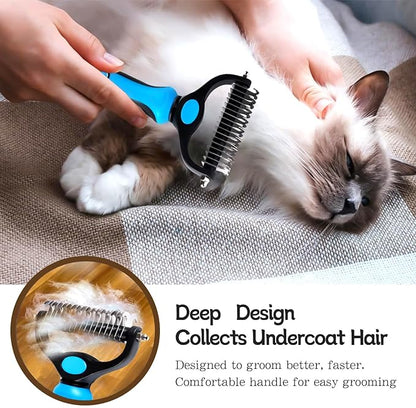 Pet Grooming Brush and Metal Comb Double Sided Long Hair Pet Undercoat Cleaner Knotting Comb for Cats and Dogs Removes Mats and Lint Effectively Removes Shedding or Flyaway Hair (Blue)
