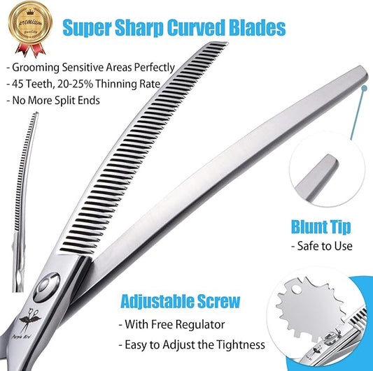 PURPLEBIRD 6.5 Inch Downward Curved Dog Grooming Scissors Pet Thinning Texturizing Shears Professional Safety Blunt Tip Trimming Shearing for Dogs Cats Face Paws Limbs Japanese Stainless Steel Silver