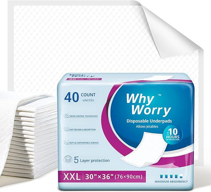 WhyWorry Extra Large Disposable Bed Pads 30" x 36", Super Absorbent Leakproof Incontinence Underpads for Surface Protection, Quilted Chucks Pee Pads for Adults and Babies, 160 Count (4 Packs of 40)