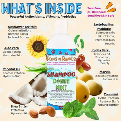 6-in-1 Dog Shampoo - Fast Relief for Allergies, Dry, Itchy, Skin. Premium & Beneficial Ingredients to Repair and Nourish The Skin/Coat. 100% Natural, Organic, Plant-Based, Dober-Mint