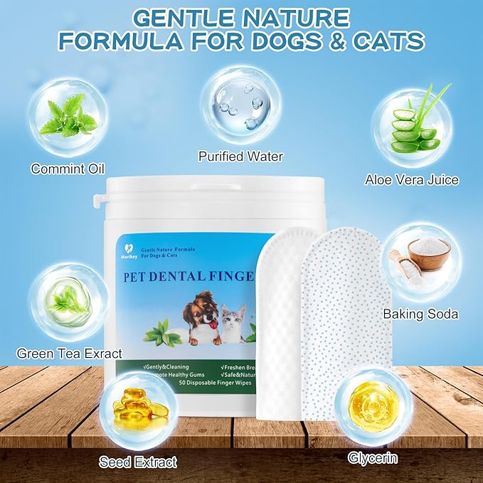 Dog Teeth Cleaning Wipes Nature Pet Dental Finger Wipes for Dogs Cats Remove Bad Breath,Reduce Plaque and Tartar Buildup Disposable Gentle Pet Dental Care-50Ct
